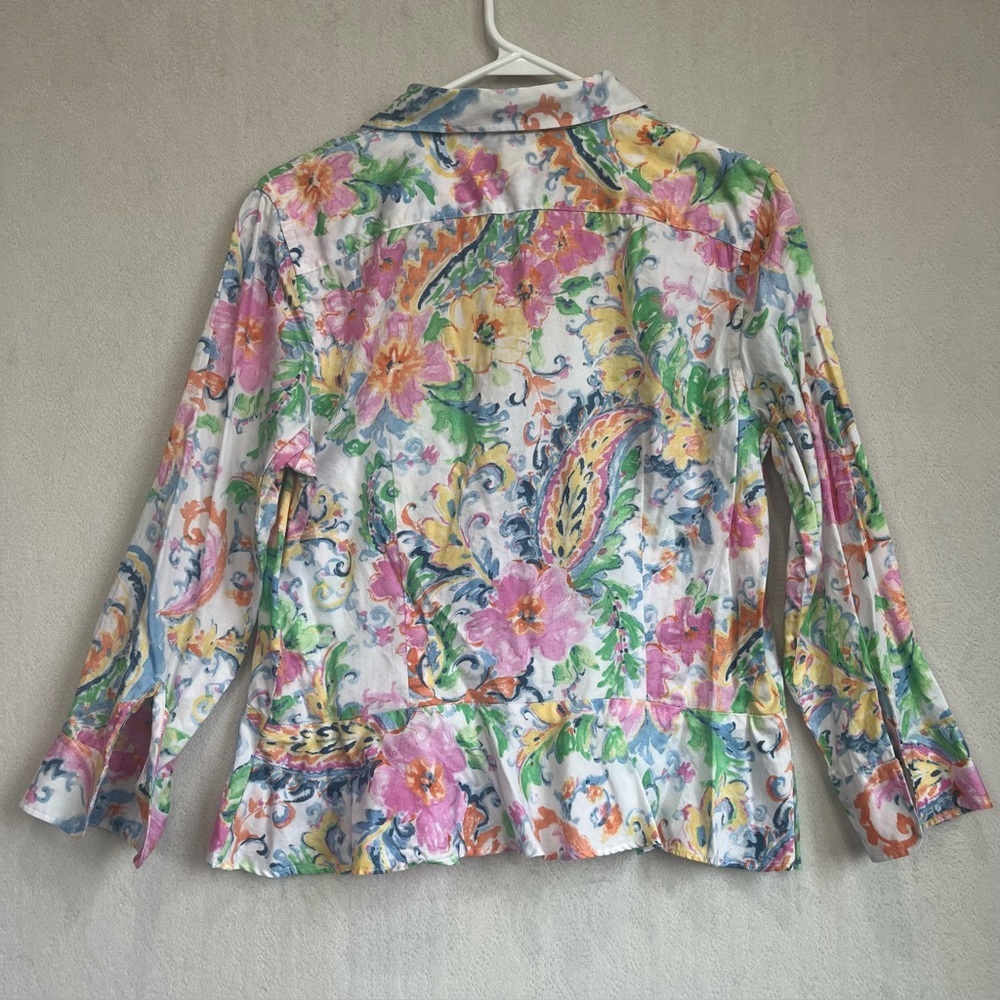Lauren Ralph Lauren Colorful Floral Paisley Button Up Shirt Sz 12 Peplum Office - Picture 12 of 16